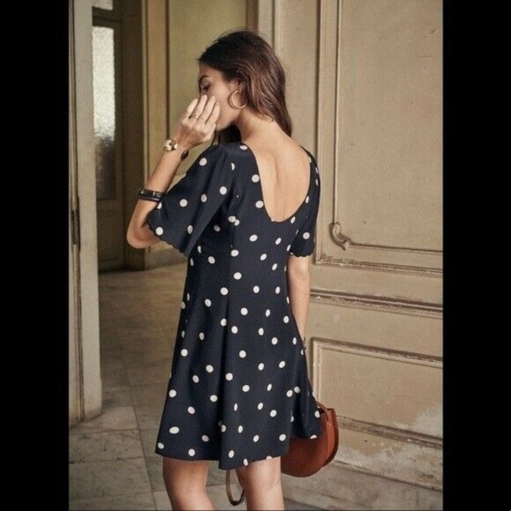 Sezane Faustine Dress Black White Polka-Dot Print Short Sleeve Silk Mini Size 36